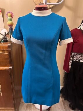 Vintage retro  Blue Short Sleeve Shift Dress with White Trim